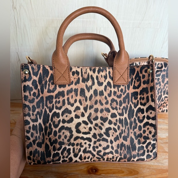 NWT Brown Black Leopard Print 3 Piece Faux Leather Fashion Purse Set W/ Strap - Picture 2 of 9